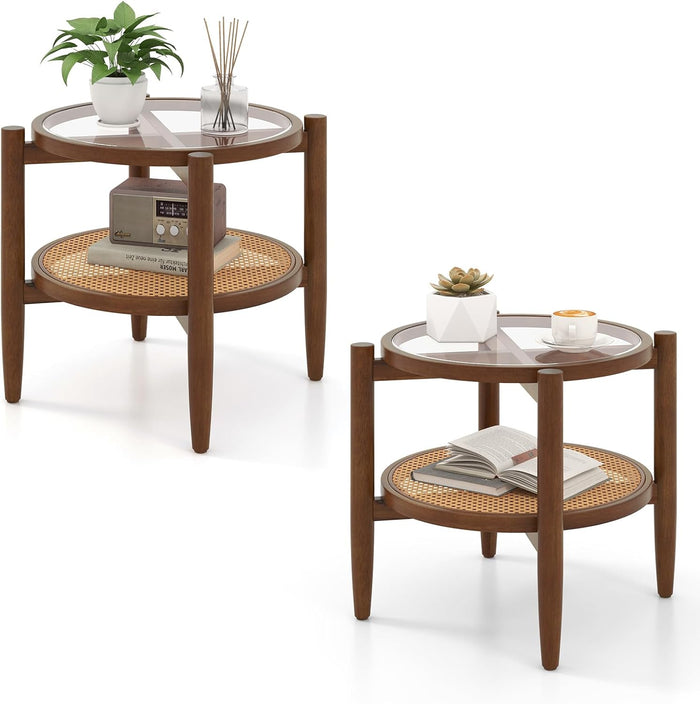GIANTEX Rattan Round End Table Set of 2, Walnut Boho Nightstand with Tempered Glass Top and Acacia Wood Legs, 2-Tier Side Table with Storage, Bedside Tables for Small Spaces Living Room Bedroom