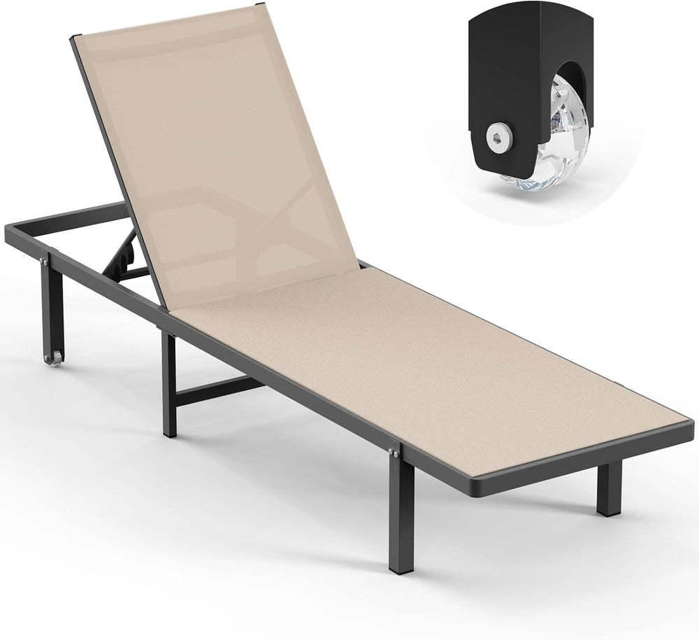 Lounge Chair Outdoor with Wheels, Aluminum Chaise Lounge Outdoor Chair with 5...