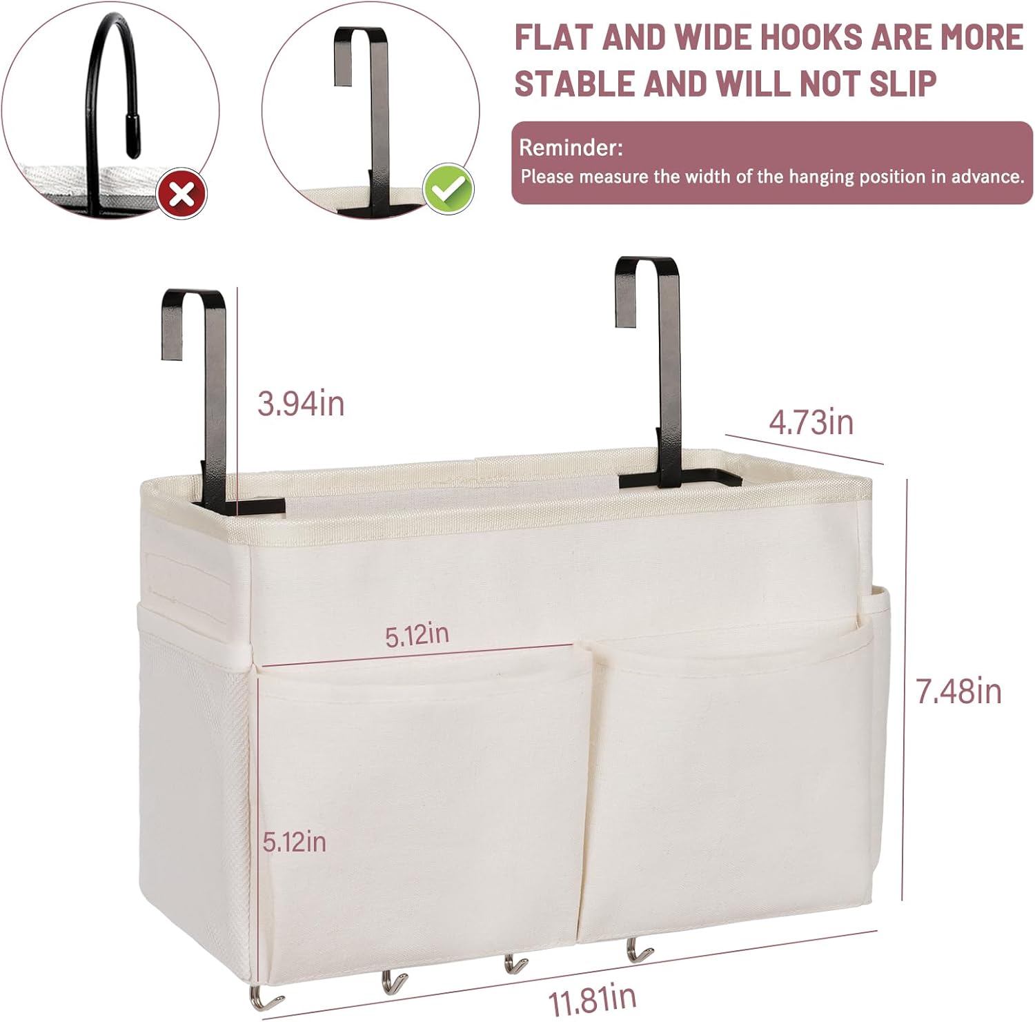 Bedside Storage Organizer 5 Pockets with 4 Hooks Hanging Storage Bag for Headboards/Bunk Bed (White)