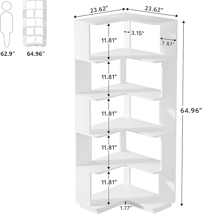 LITTLE TREE Corner Bookshelf, 64.9 Inch Tall Bookcase with Anti-Drop Panel, M...
