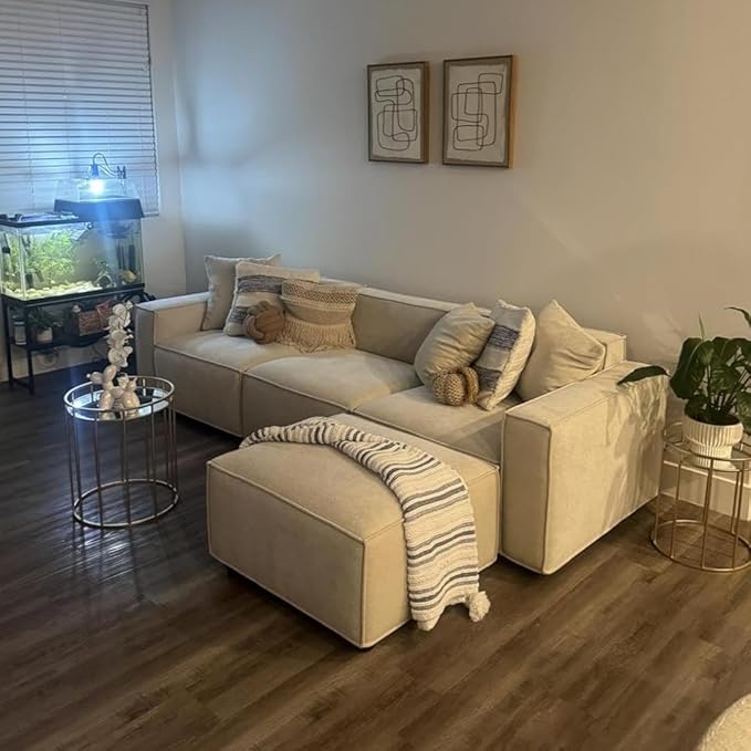 Acanva Luxury Modular Sectional Living Room Sofa Set, Modern Minimalist Style Couch with Ottoman and Chaise, L-Shape, Linen-Like Cream