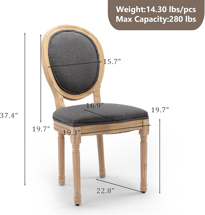 Upholstered Dining Chairs Set of 4 French Country Oval Fabric Back Kitchen Side Chair with Wood Legs for Dining Room, Kitchen, Restaurant(Dark Grey-Fabric)