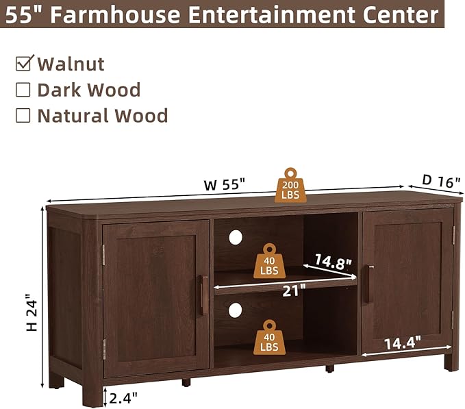 Farmhouse 55" Entertainment Center,Walnut Tv Stand with Adjustable Shelv...