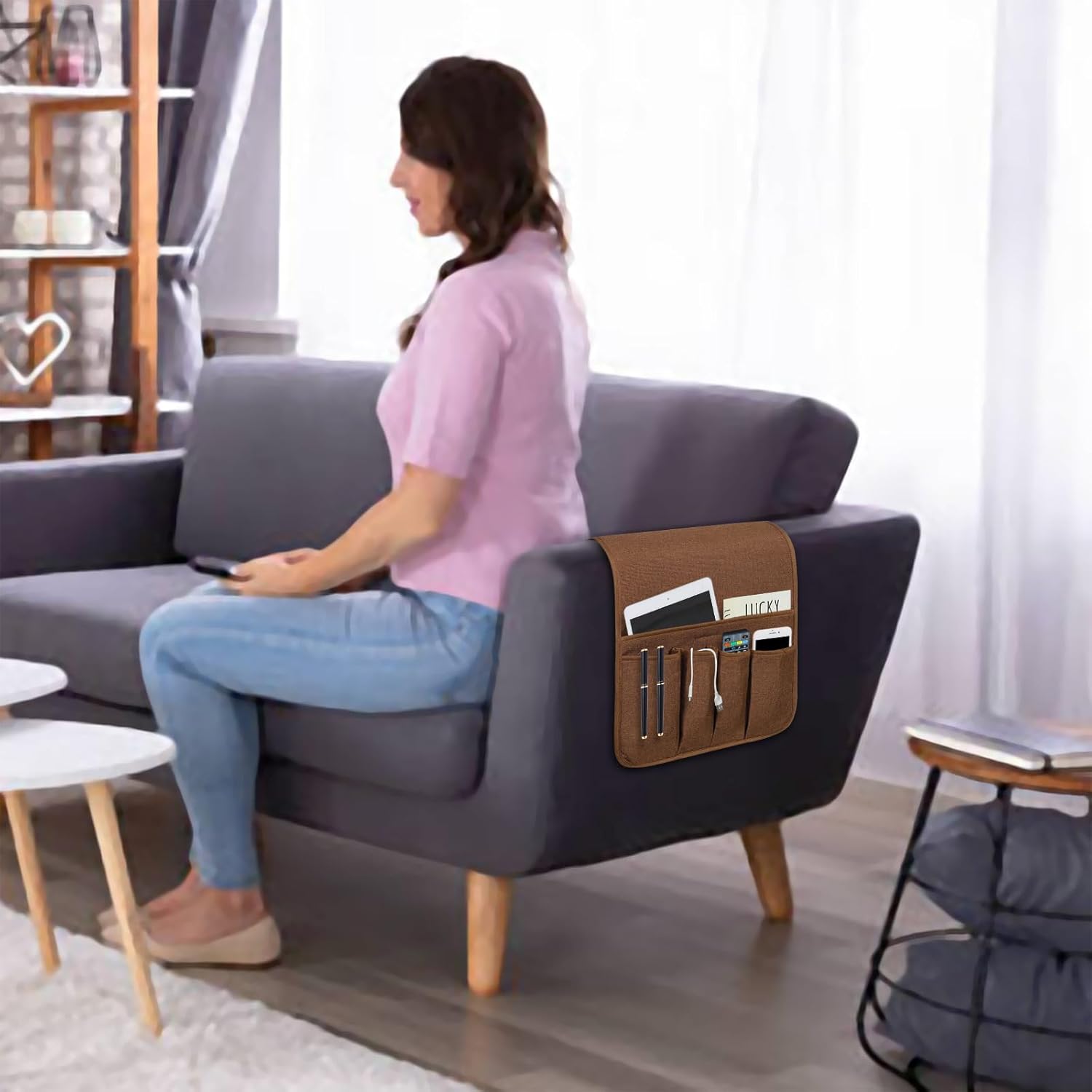 NB Sofa Armrest Organize remote holder bedside caddy organizer with 5 pockets，non-slip couch remote control holder couch armchair caddy accessories (Brown, 35"x12.4")