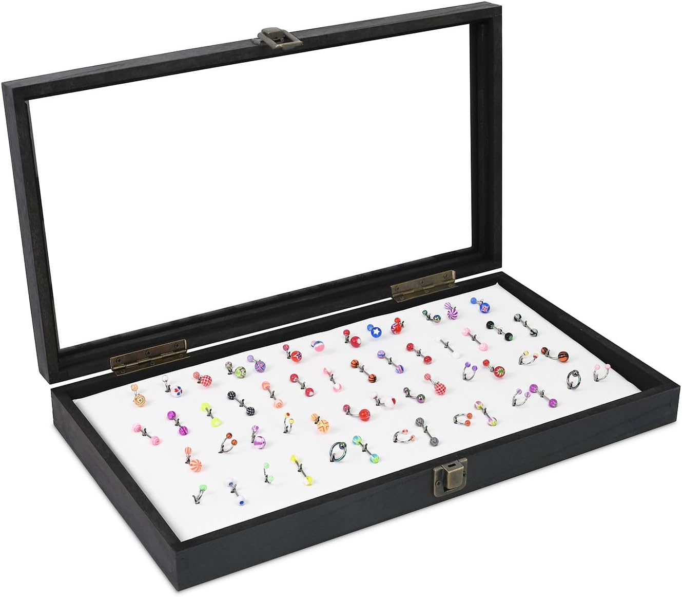 MOOCA Body Jewelry Display Tempered Glass Case with 54 Clips, Black Velvet | Jewelry display case with a tempered-glass lid and 54-clip pad organizes belly rings, tongue rings, and barbells.