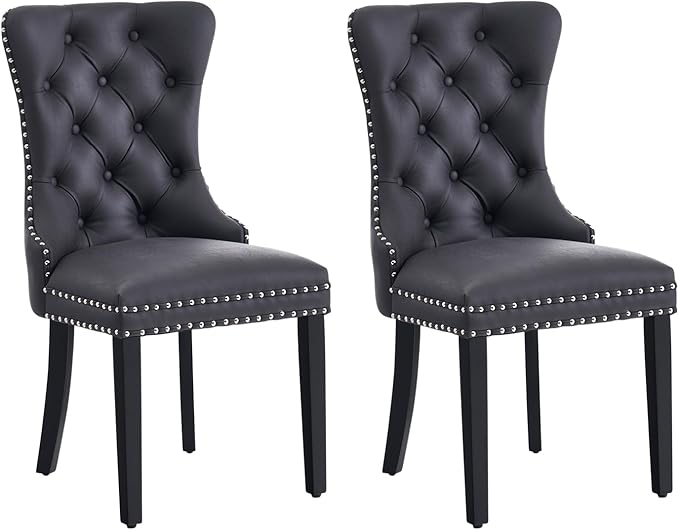 Leather Dining Chair Set of 2, Dining Room Chairs with Nailhead Ring Pull Tri...