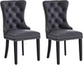 Leather Dining Chair Set of 2, Dining Room Chairs with Nailhead Ring Pull Trim, Upholstered Dining Chairs with Solid Wood Legs for Kitchen Dining Room (Black)