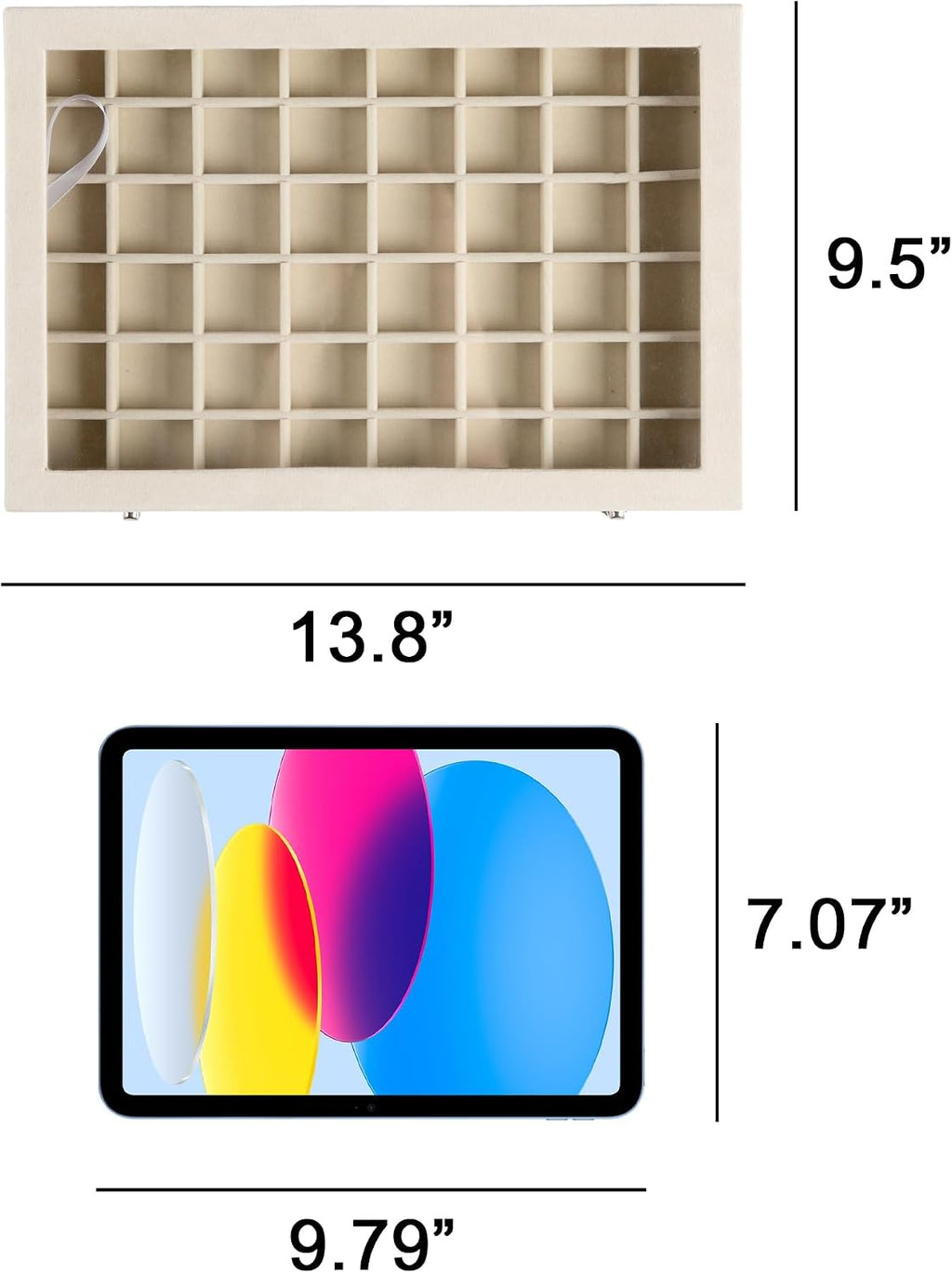 Frebeauty 48 Grid Jewelry Tray,Adjustable Earring Holder Organizer with Glass Lid,Velvet Drawer Jewelry Organizer for Rings,Studs,13.8 x 9.5 x 2 Inches Jewelry Display Box,Gift for Women(Beige)