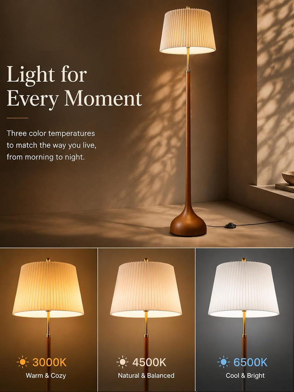 MOFFE Mid Century Modern Wood & Brushed Brass Floor Lamp with Remote