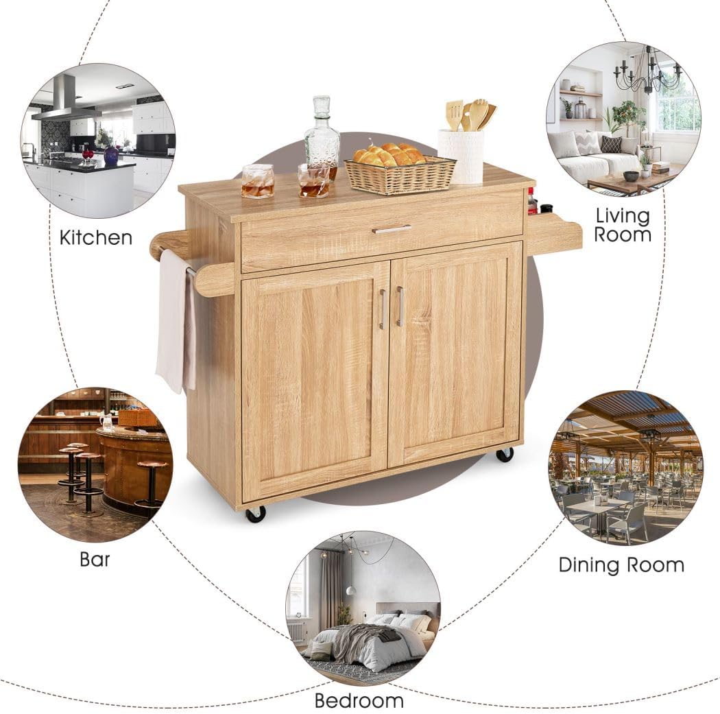 TANGZON Kitchen Island on Wheels, Rolling Storage Trolley with Large Cabinet, Drawer, Adjustable Shelf, Wood Worktop, Spice & Towel Rack, Utility Serving Cart for Dining Living Room (Natural)