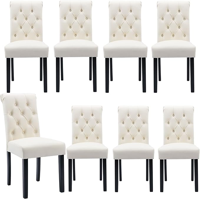 Faux Leather Dining Chairs Set of 8 Upholstered Dining Room Chairs Modern Tufted Accent Chairs Wooden Parsons Side Chairs for Home Kitchen Resturant, (Cream)