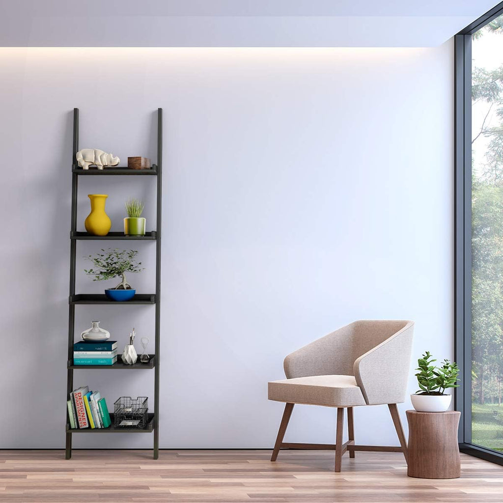 Tangkula Ladder Shelf, 5-Tier Multifunctional Modern Wood Plant Flower Book Display Shelf, Home Office Storage Rack Leaning Ladder Wall Shelf (Black, 1)