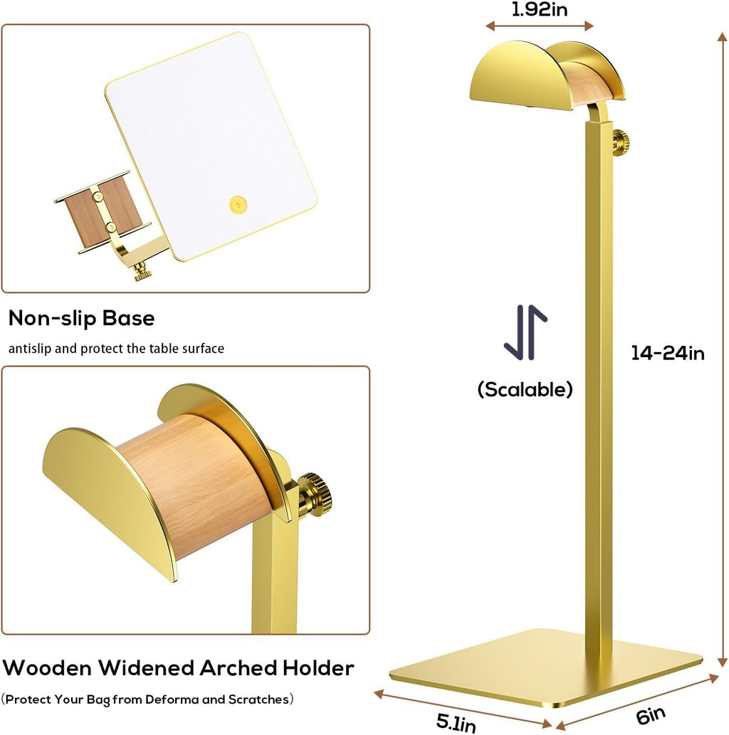 1 Pack Purse Display Stand, Purse Holder Handbag Display Stand Metallic Gold Purse Hanger Showing Bags, Purses, and Wreath, Adjustable Hook Stand for Tabletop, Closet, Desk, and Retail Use