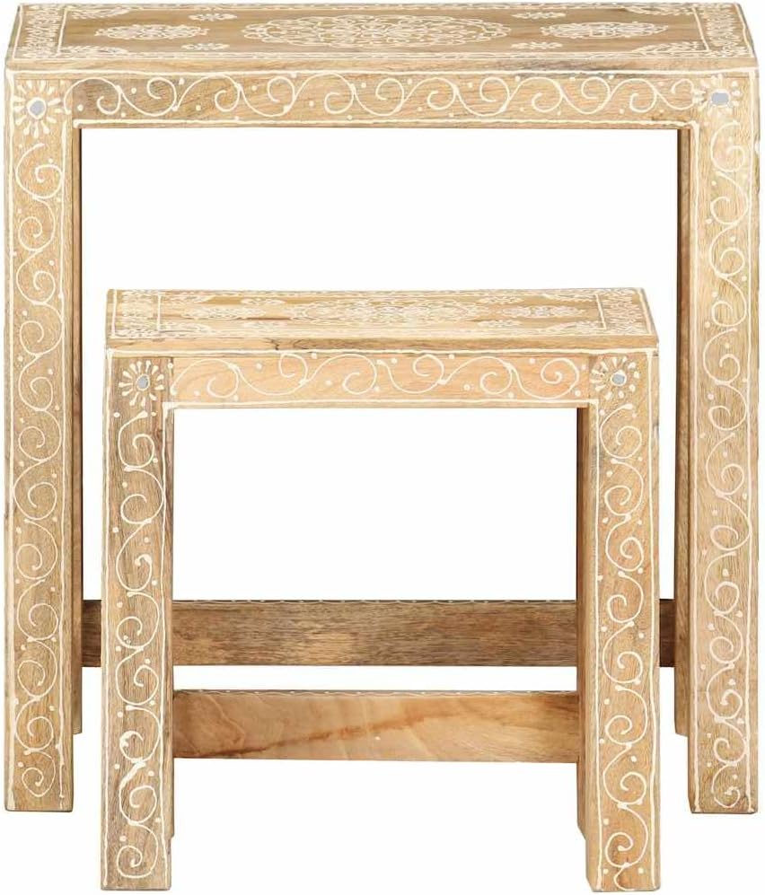 2 Piece Side Table Set Solid Mango Wood Hand-Painted Nesting Tables for Livin...