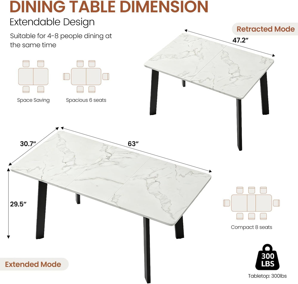 Modern 47.2"-63" Extendable Rectangular Dining Table, White