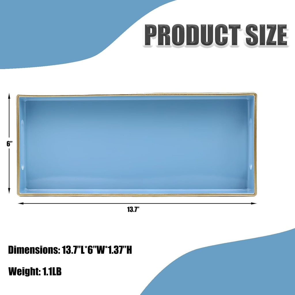 Blue Bathroom Vanity Tray for Countertop, Small Plastic Toilet Tank Versatile Storage & Organization Tray for Makeup, Perfume, Desk, Kitchen, Candles, 13.7"x6"x1.4", 35BL