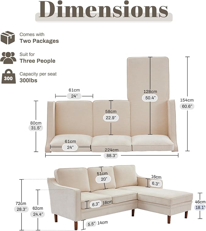 Kingfun 88" L-Shape Sofa, Chenille Sectional Couch, Mid Century Modern Couches with Solid Wood Frame for Living Room & Bedroom, Beige