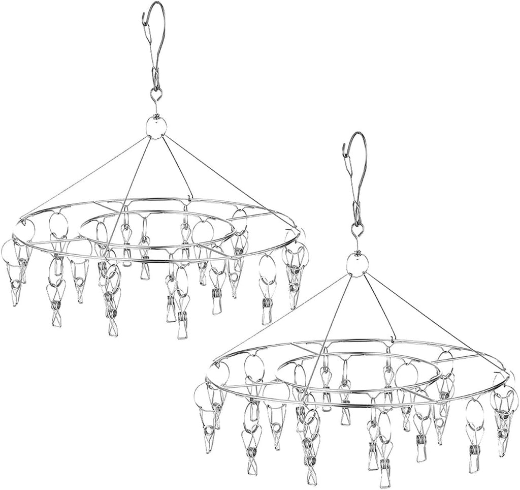 CenYouful 2 Pack Stainless Steel Round Hanging Drying Rack with 20 Clips for Drying Socks, Baby Clothes, Bras, Towel, Underwear, Hat, Scarf, Pants, Gloves