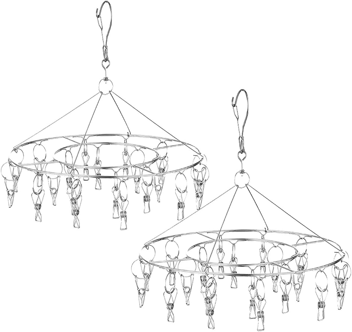 CenYouful 2 Pack Stainless Steel Round Hanging Drying Rack with 20 Clips for Drying Socks, Baby Clothes, Bras, Towel, Underwear, Hat, Scarf, Pants, Gloves