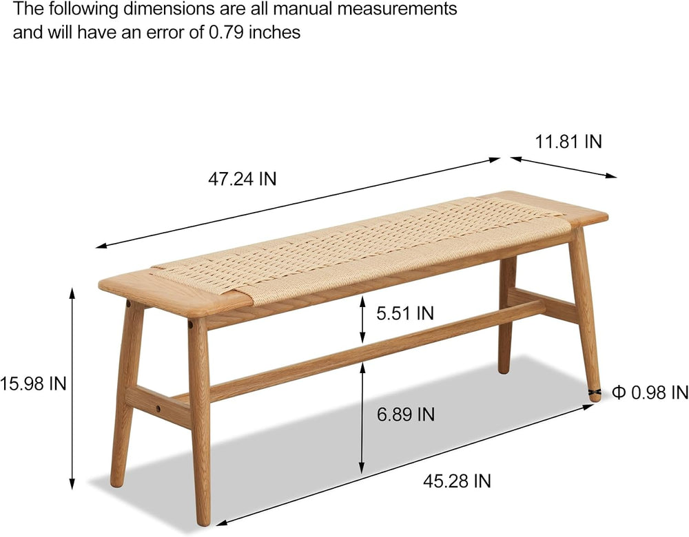 KEIKI Woven Dining Bench, 100% Solid Wood Bench for Dining Room, Bedroom, Liv...