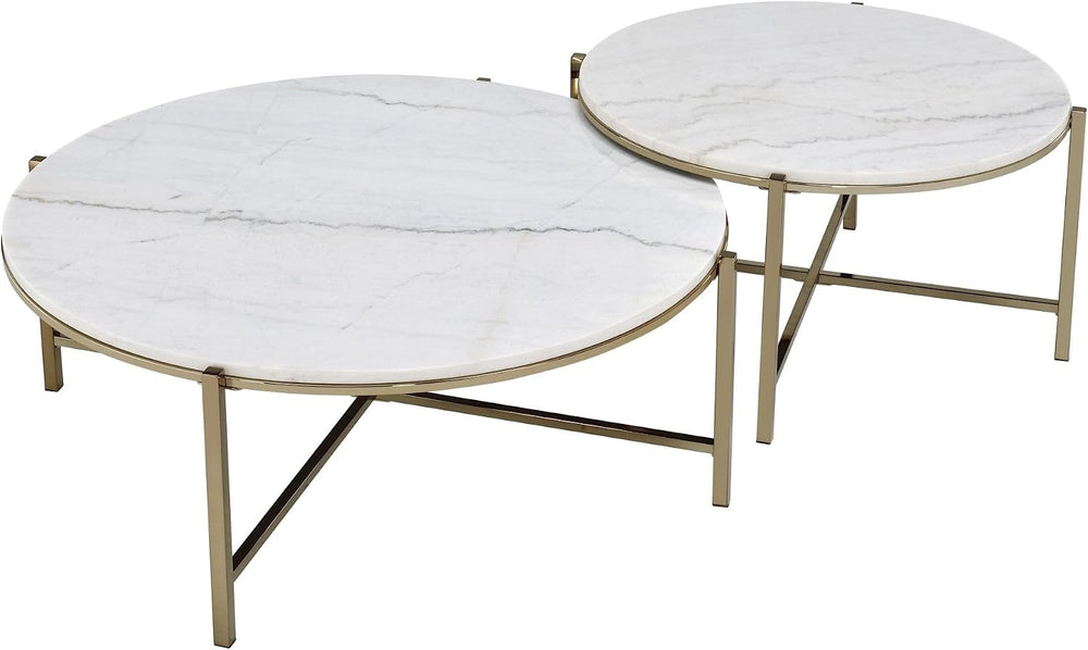 Marble Top & Nickel Finish Nesting Table Set with White | Luxurious 2-pie...