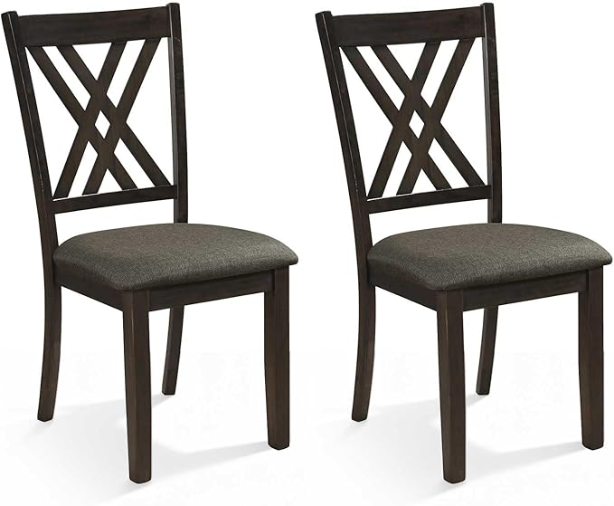 Giantex Wooden Dining Chairs Set of 2, Linen Fabric Upholstered Kitchen Chair w/Rubber Wood Frame, Wide Padded Seat, Curved Cross Back, Farmhouse Side Chairs for Living Room Restaurant, Dark Gray