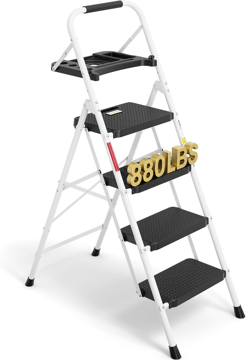 BONTEC 4-Step Ladder, Folding Step Stool, 880lbs Max Load, White