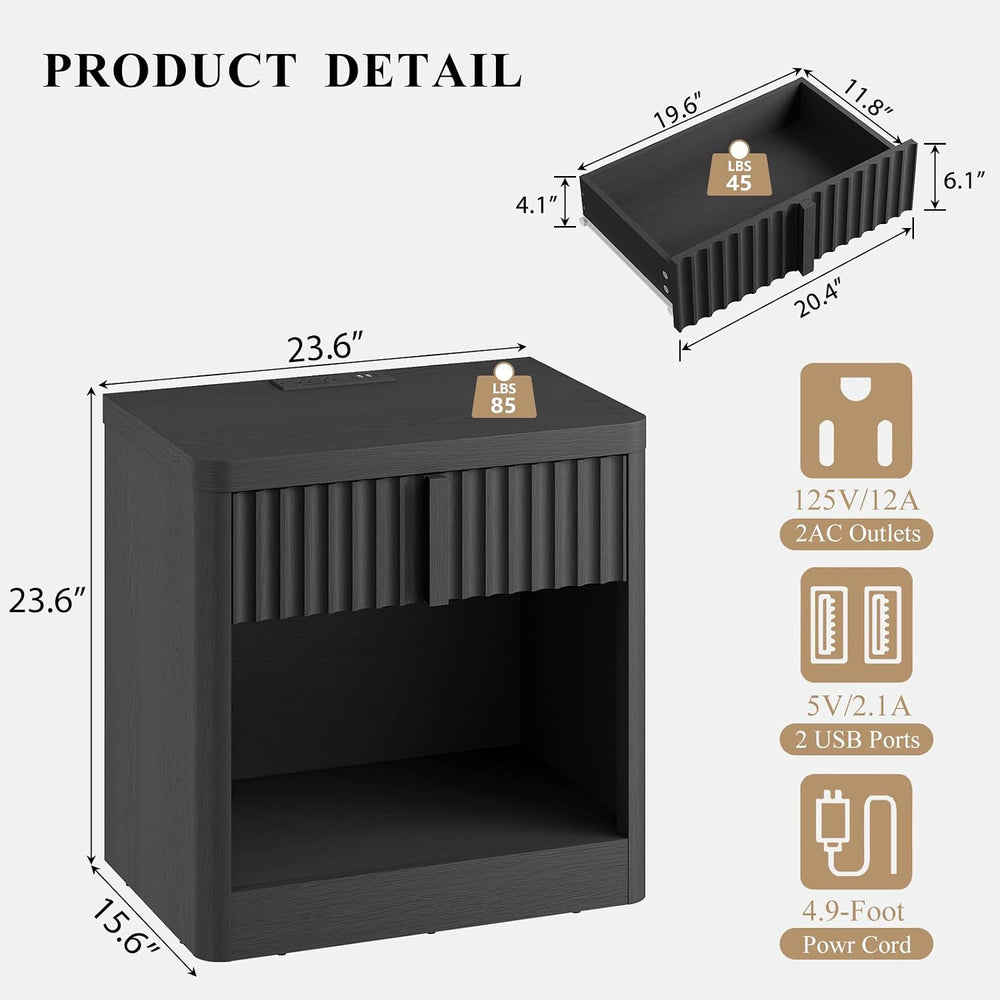 Fluted Nightstand with Charging Station, 23.6" End Table with Solid Wood...