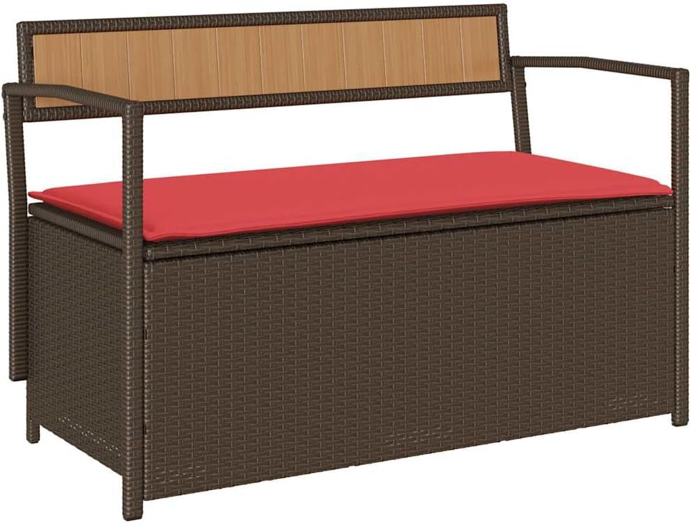 Patio Storage Bench with Cushion, Brown Poly Rattan Outdoor Garden Seat with ...