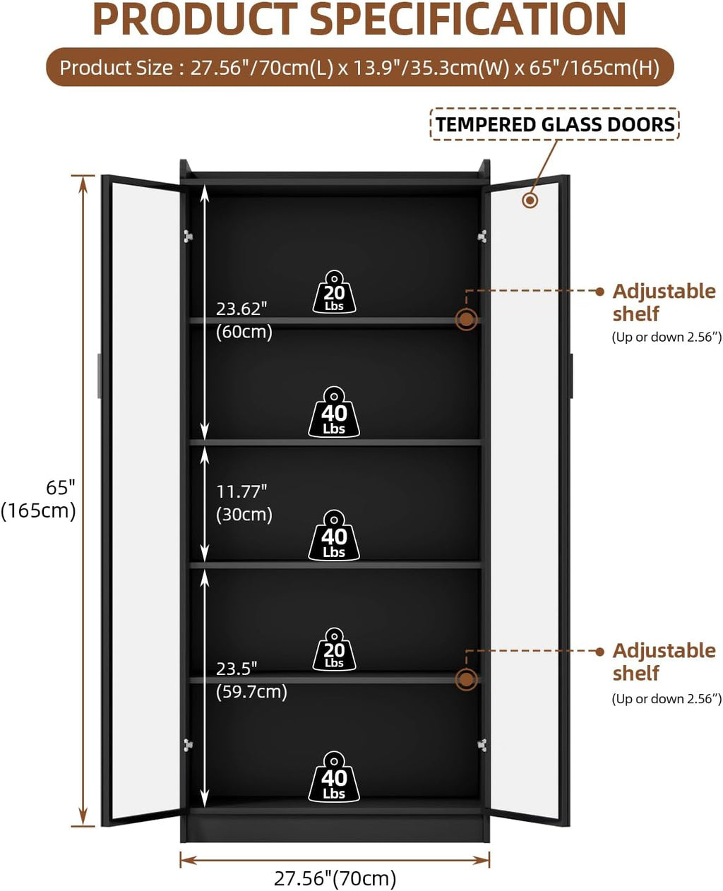 Display Cabinet with Glass Doors and Shelves, 65" Tall Curio Cabinet with LED Lights/Human Sensor, 5 Tier Display Case for Collectibles Bedroom Living Room Office, Black