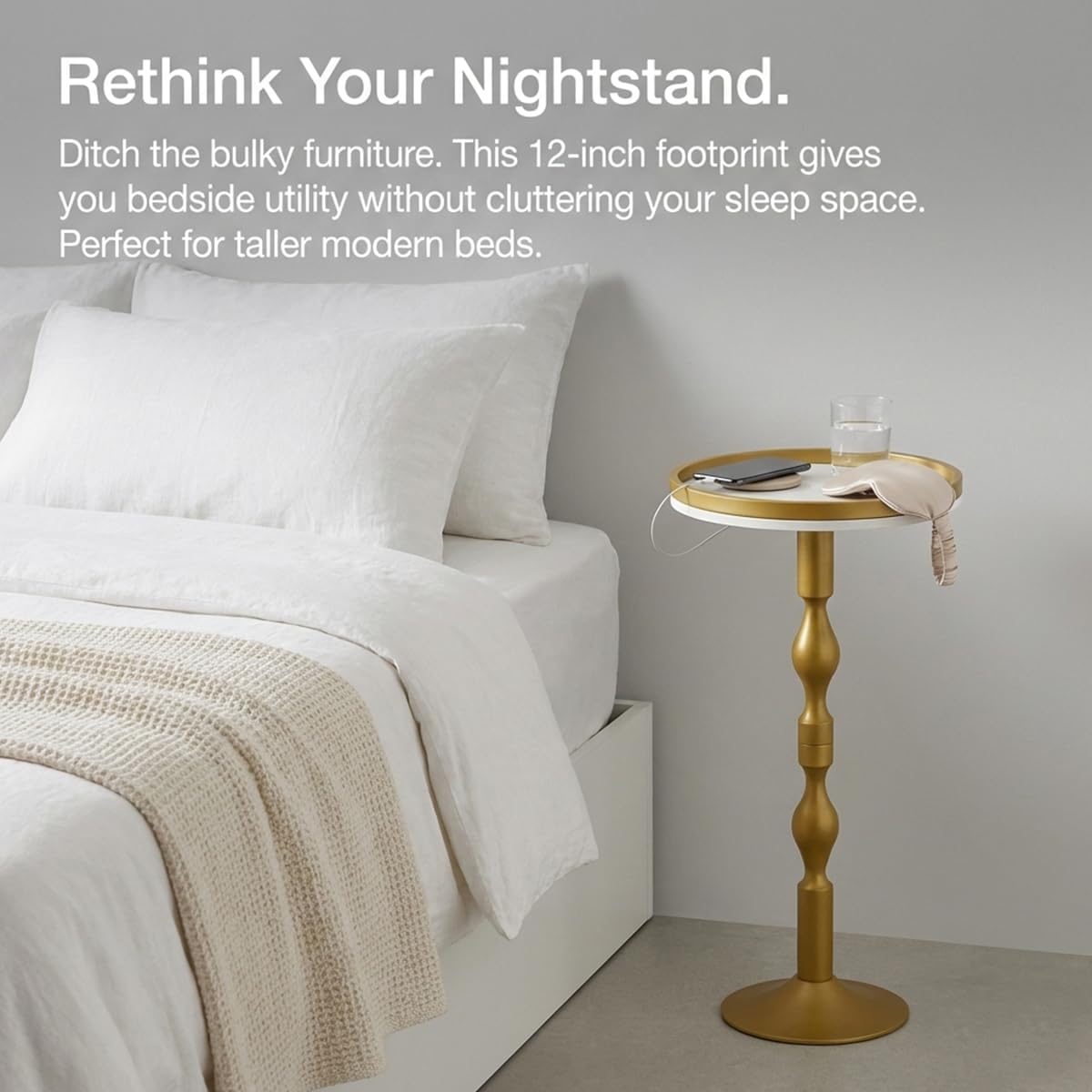 Small Round Gold Side Table,Drink Table with Weighted Base,Modern White & Gold Pedestal End Table with Tray Top Edge for Small Spaces, Living Room, Next to Sofa,27 "Tall