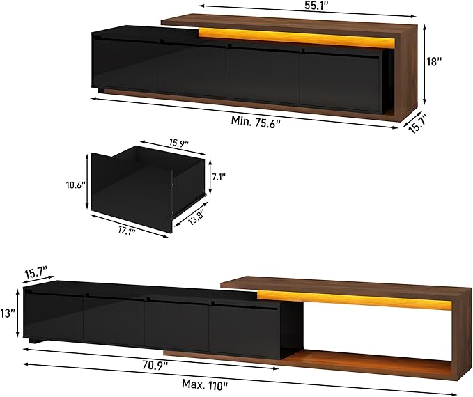 Extendable TV Stand with LED Light, Modern Entertainment Center for up to 120 Inch TV, Wood TV Media Console with 2 Drawers & 2 Cabinets for Living Room Bedroom, 75"-110", High Gloss Black & Walnut