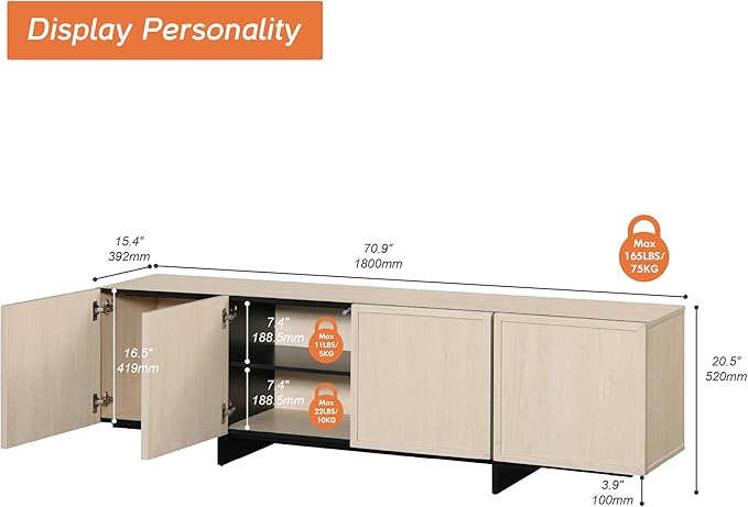 WAMPAT Modern TV Stand for 32-75 inch TVs, Wood Entertainment Center with Storage Cabinets, Media TV Console Table for Living Room, Oak Light Oak