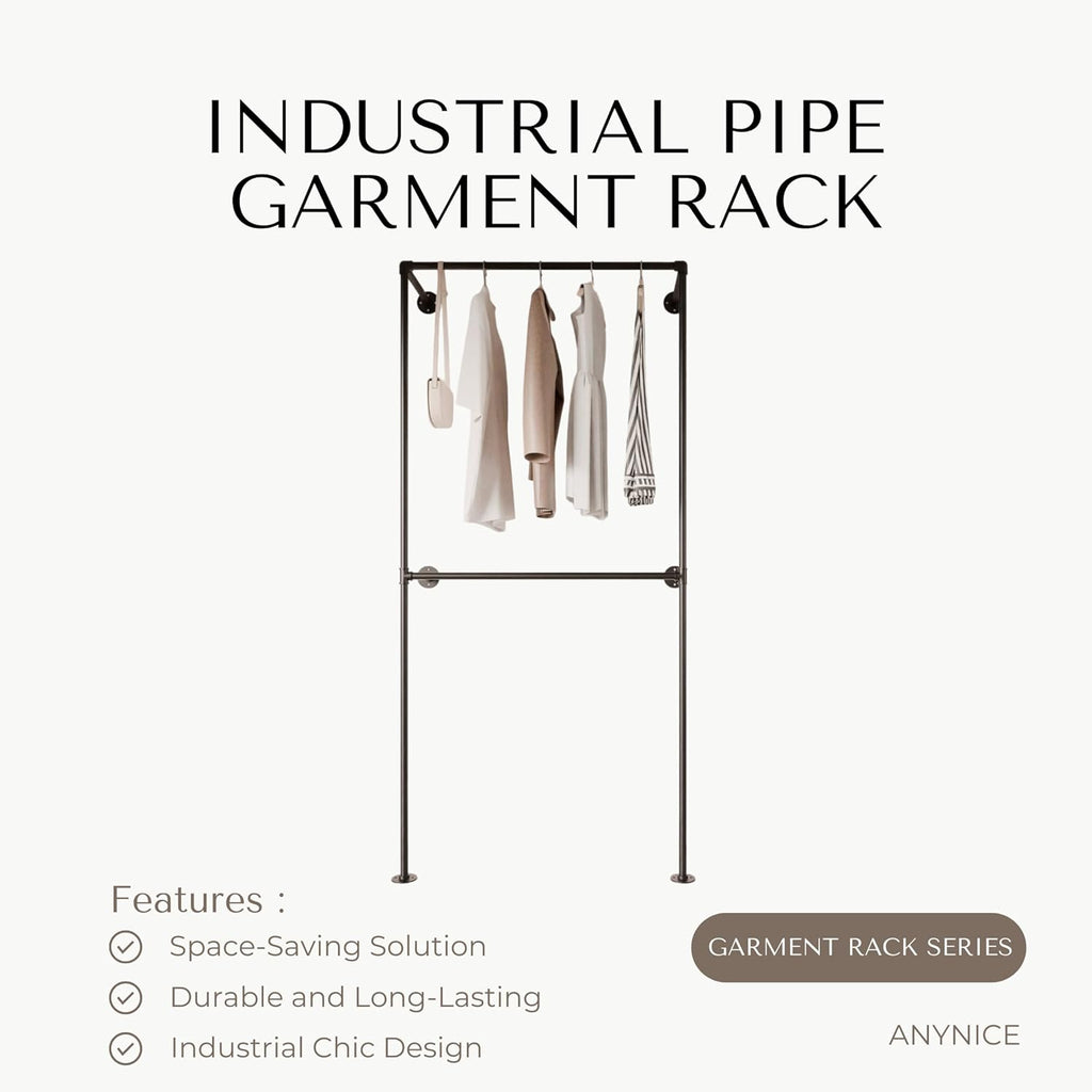 Industrial Pipe Clothing Rack, Heavy Duty Wall Mounted Clothes Rack,Retail Display Hanging Garment Rod for Laundry Room, Closet Storage - 14.6x37.4x82.7 Inches, Model K01