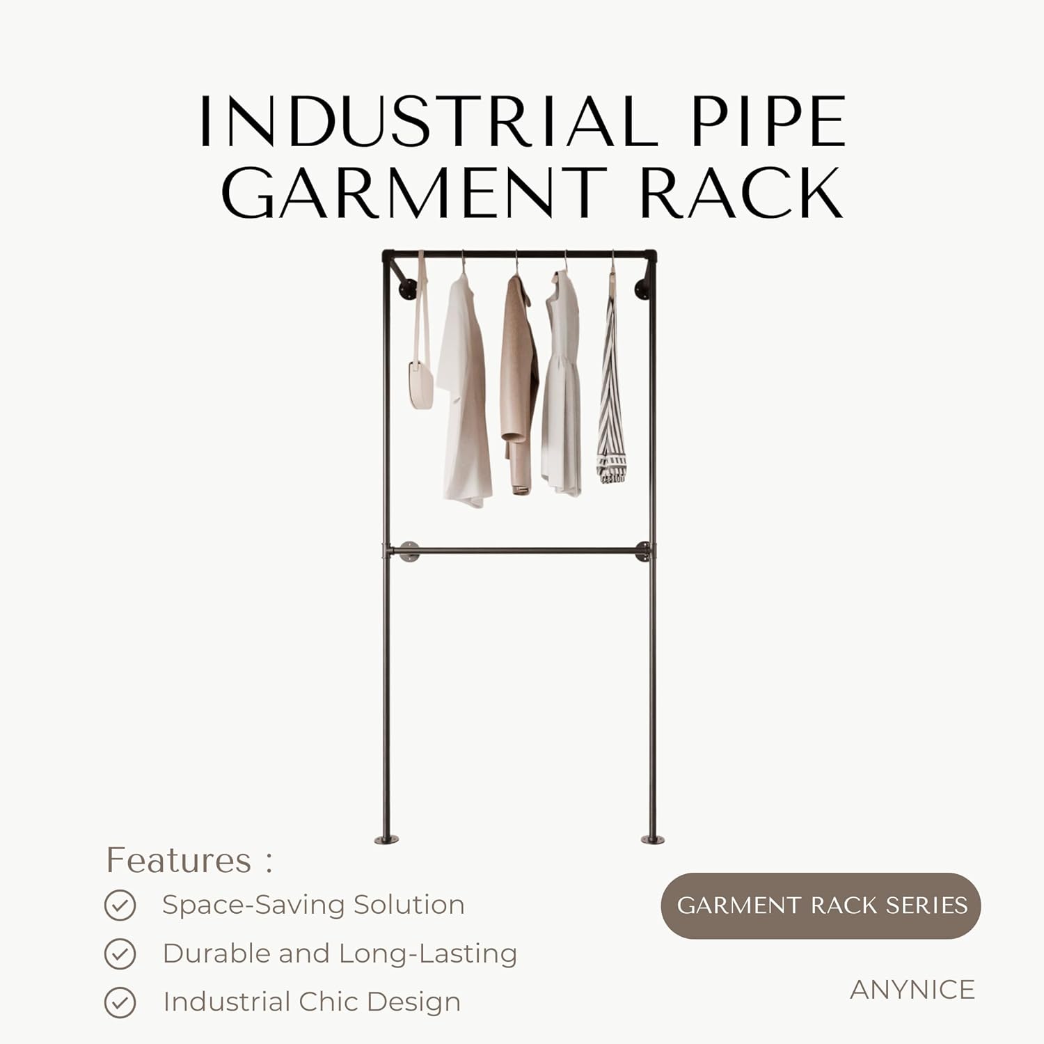 Industrial Pipe Clothing Rack, Heavy Duty Wall Mounted Clothes Rack,Retail Display Hanging Garment Rod for Laundry Room, Closet Storage - 14.6x37.4x82.7 Inches, Model K01