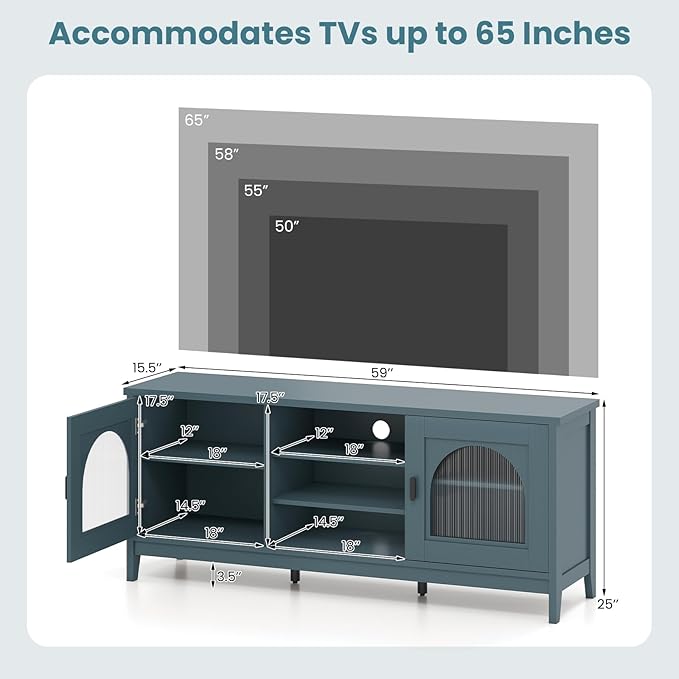 Giantex Farmhouse TV Stand for TVs up to 65", Modern Vintage Entertainment Center w/Storage, Adjustable Shelves, Cable Holes&Glass Doors, Media TV Console Table for Bedroom, Living Room (Teal Blue)