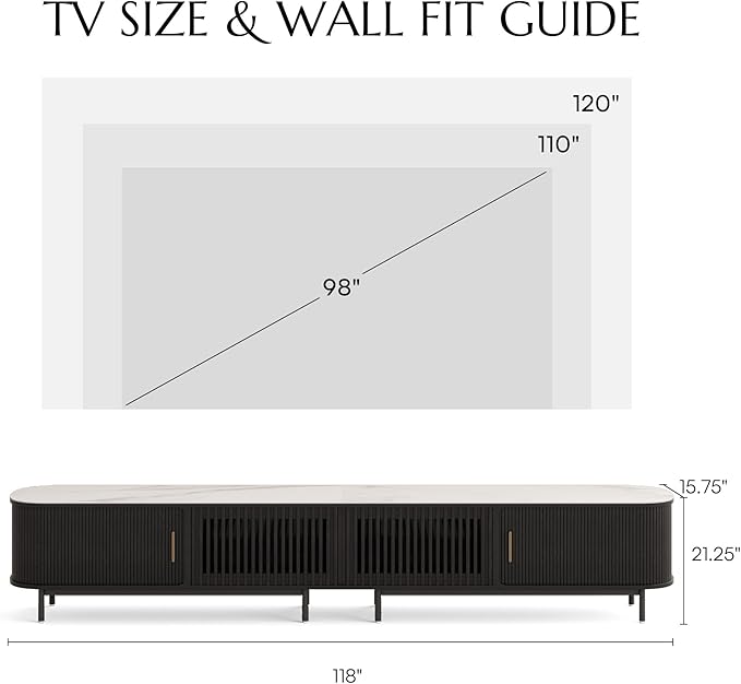 POVISON Fully-Assembled Sliding Tambour Door TV Stand, Mid Century Modern TV Console, Wood Media Console, Entertainment Center with Storage Cabinet(Black, 118.11")
