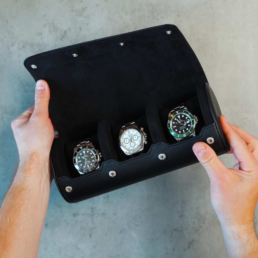 DailyWatch | Personalized Watch Roll Travel Case For 3 Watches - Handmade Genuine Leather Travel Case With Custom Engraving of Name or Initials - All Black