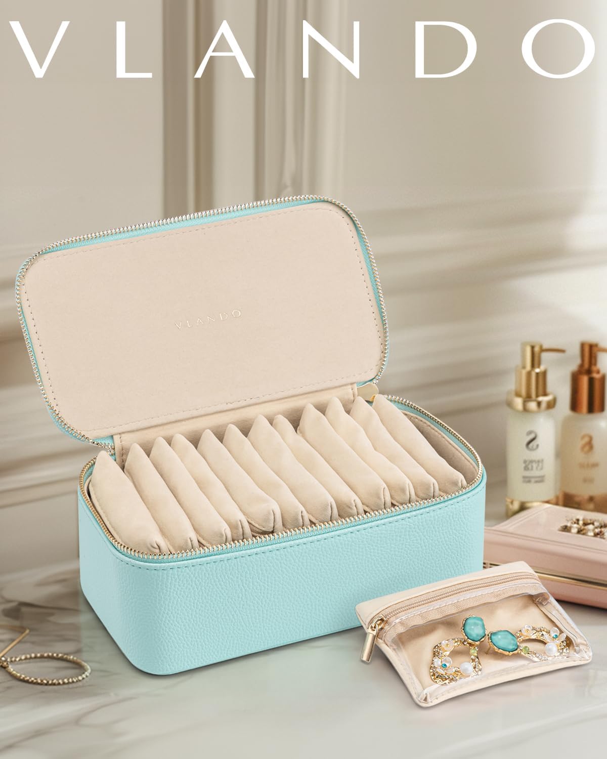 Vlando Travel Jewelry Organizer with 12 Velvet Jewelry Bags Travel Jewelry Case for Girls Jewelry Storage Necklace Rings Earrings Bags Gifts for Women Daughter Friends(Lake Blue)