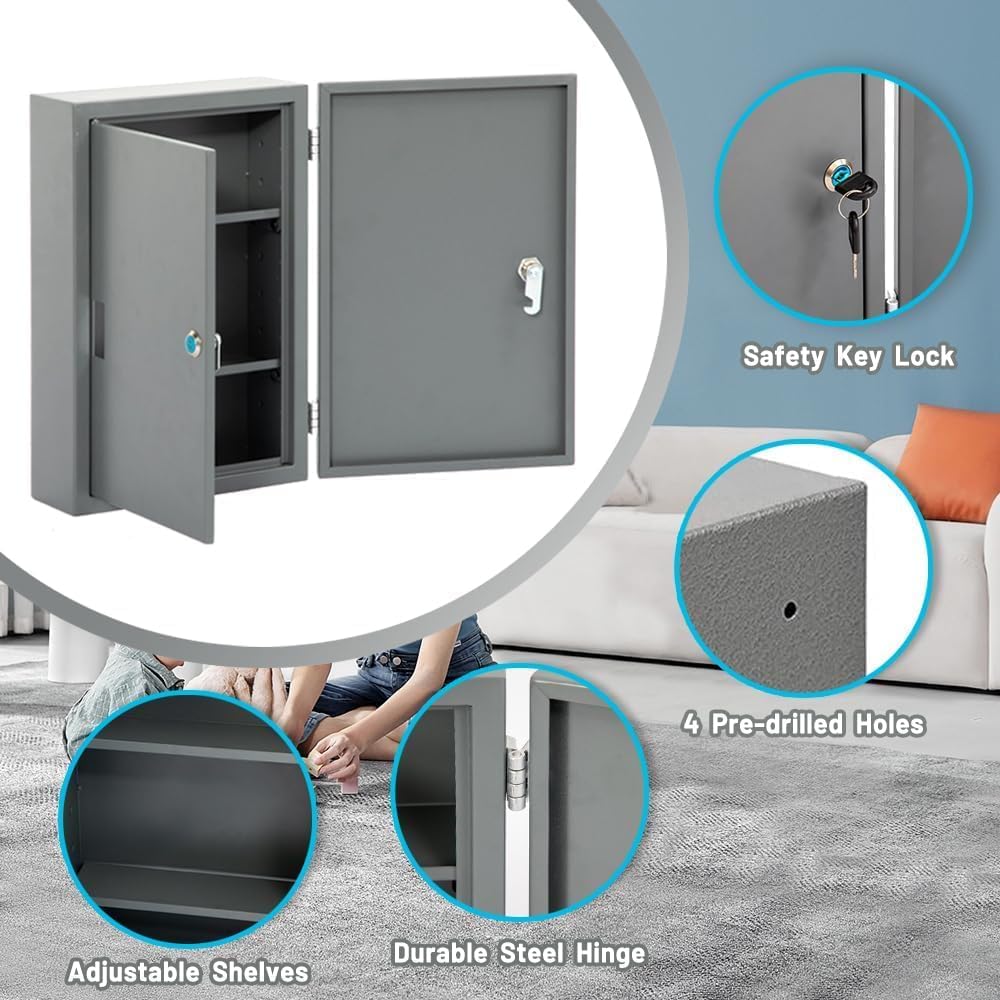 Yeeoy Wall Mounted Medicine Cabinet with Lock & Double Door, Locking Narcotics Safe, Secure Steel Drug Cabinet Steel First Aid Medical Lock Box for Home School Office