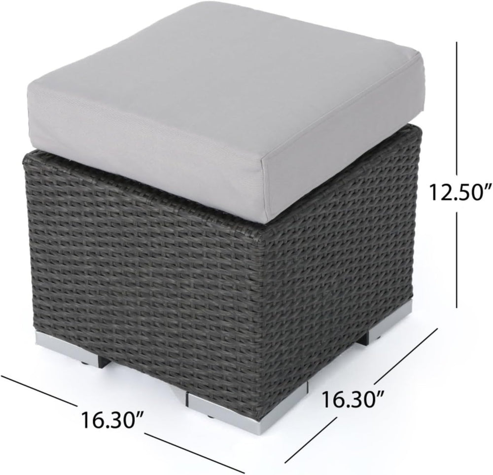 Hassyee PE Rattan Grey Patio Ottoman with Thick Cushions for Poolside, Lawn, ...
