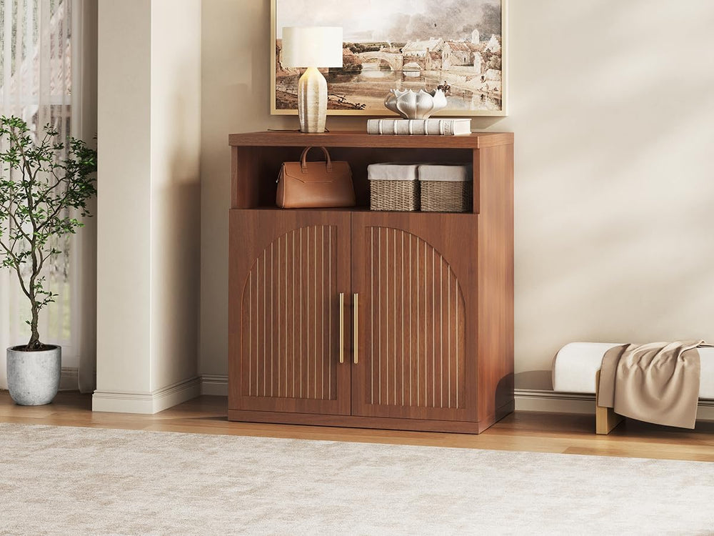 Fluted Buffet Cabinet with Storage, 31.5" Wide Wood Sideboard Credenza w...