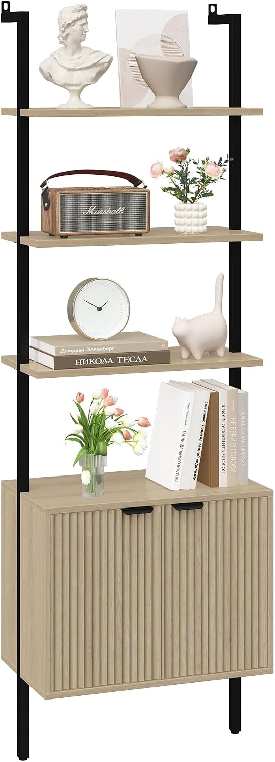 Yusong 73" Tall Bookshelf with Cabinet, Industrial Ladder Wall Mount She...