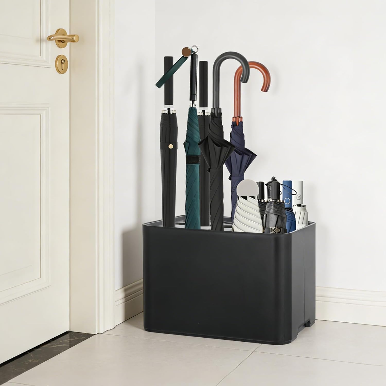 15 Umbrella Holder with Drip Tray, Umbrella Storage Indoor, Umbrellas Stand Rack Space, Saving Storage Organizer, Compact Umbrella Holder Indoor, Home Office Decor