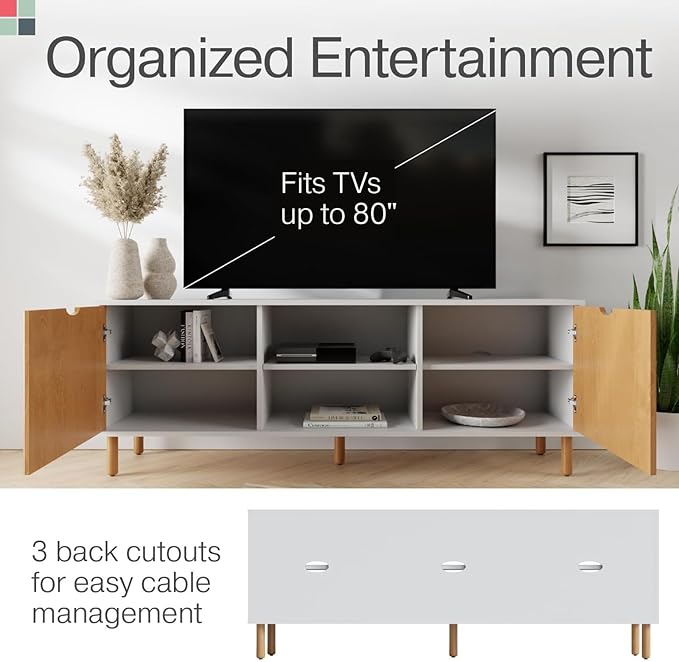 Fluted TV Stand - Media Console & Console Table with Cord Management - Soft-Close Doors & Adjustable Shelves Storage Cabinet - Living Room Entertainment Center - 70-Inch White & Oak