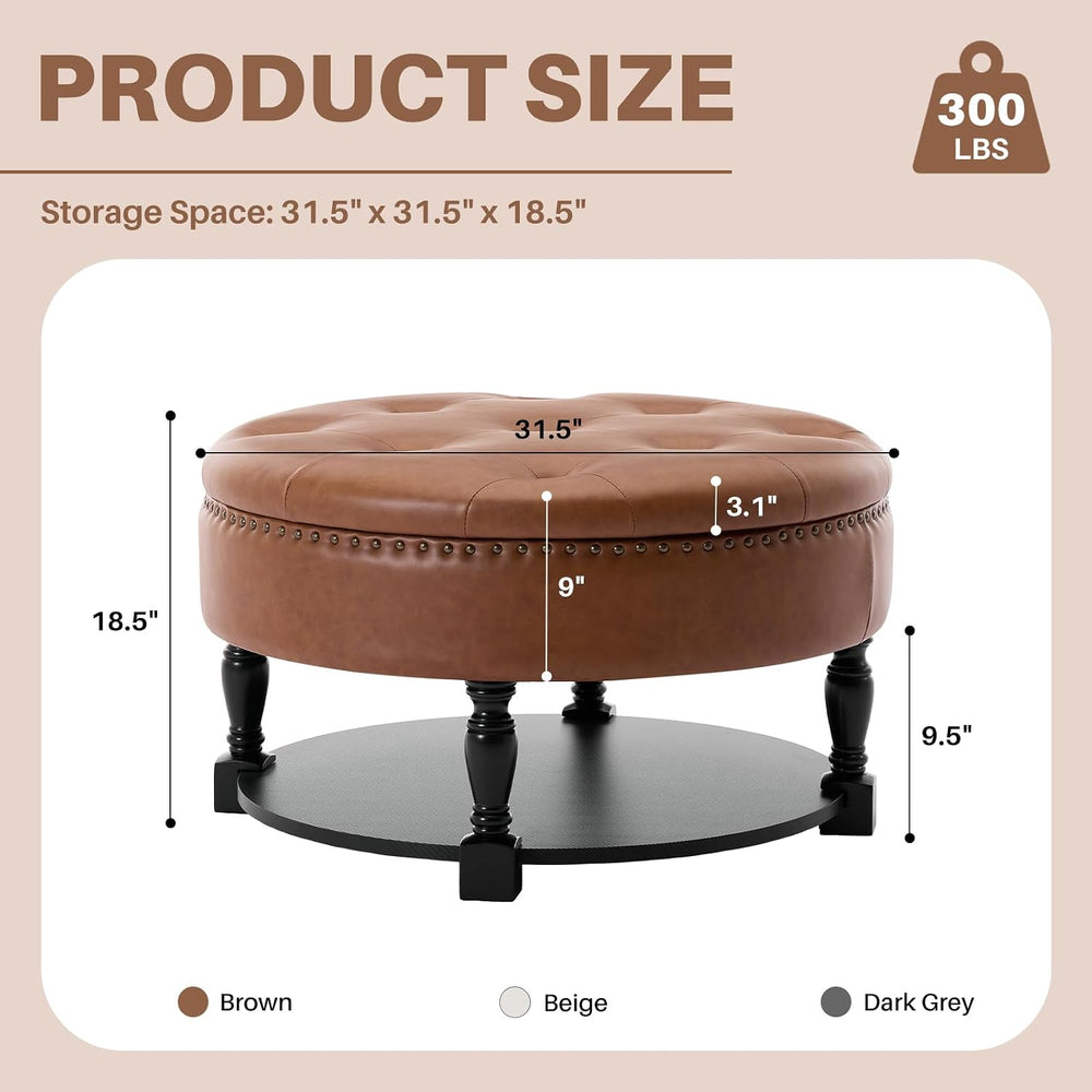 31.5 Inch Large Round Storage Ottoman with Wood Shelf Multifunctional Coffee ...