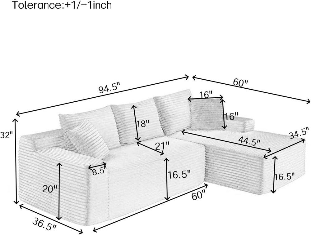 95" L-Shaped Cloud Sectional Couch, Right Facing Modular Compressed Sect...