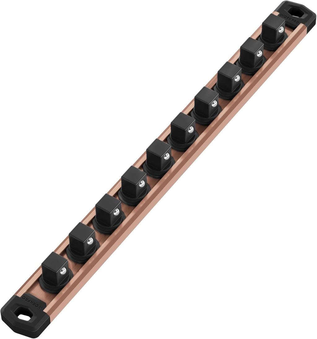 WORKPRO Magnetic Socket Organizer, 1/2-Inch Drive Aluminum Alloy Socket Rail, Heavy Duty Socket Holder, Socket Rack Kit 1/2-Inch x 10 Clips Champagne (Socket not Included)