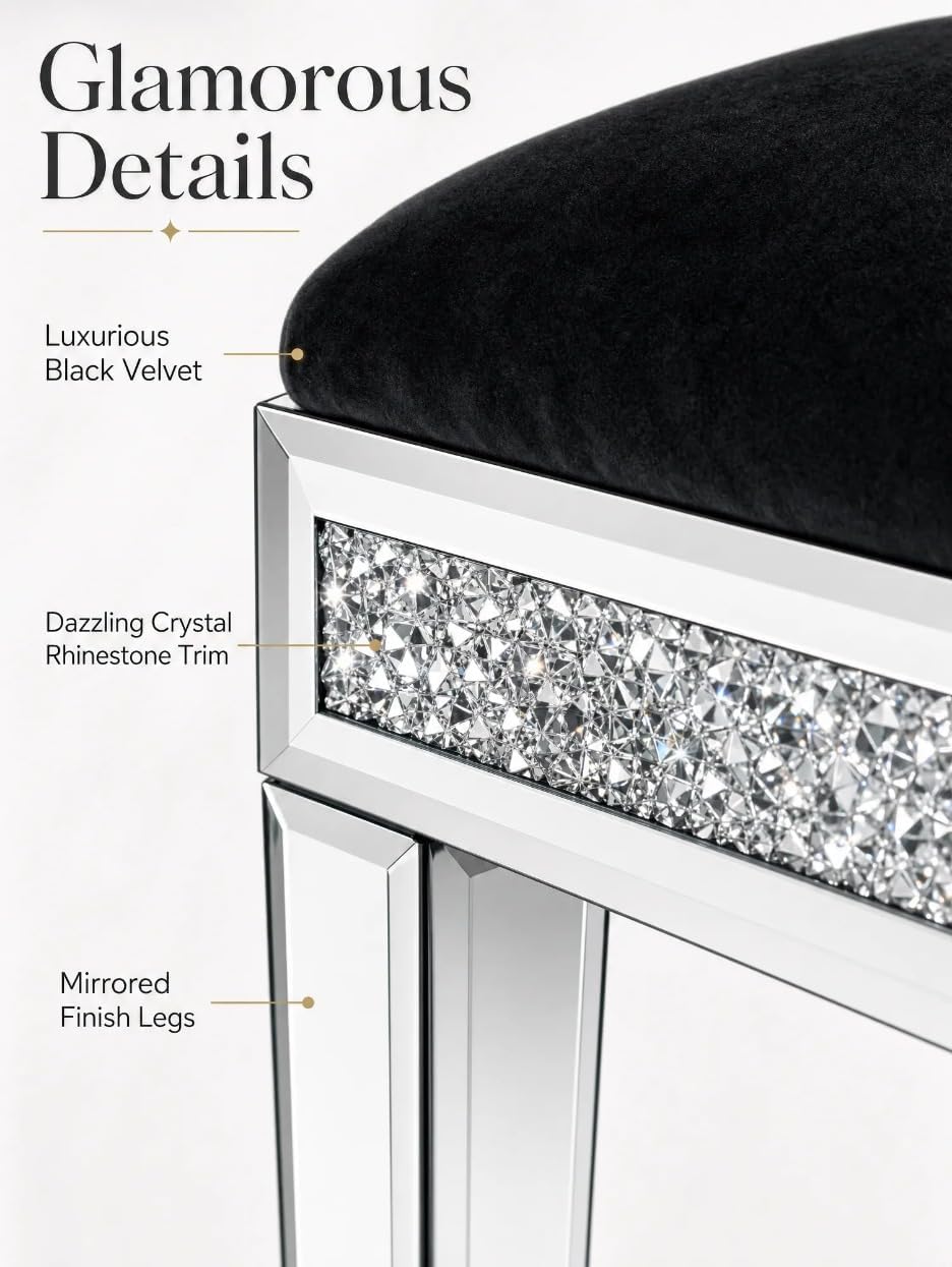 Vanity Stool with Storage, Velvet Upholstered Ottoman with Mirrored Legs, Hid...