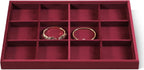 Velvet Stackable Jewelry Display Tray, 12 Grid Watch Bangle Bracelet Storage Tray, Makeup Drawer Insert Jewelry Shop Organizer Plate (Red)
